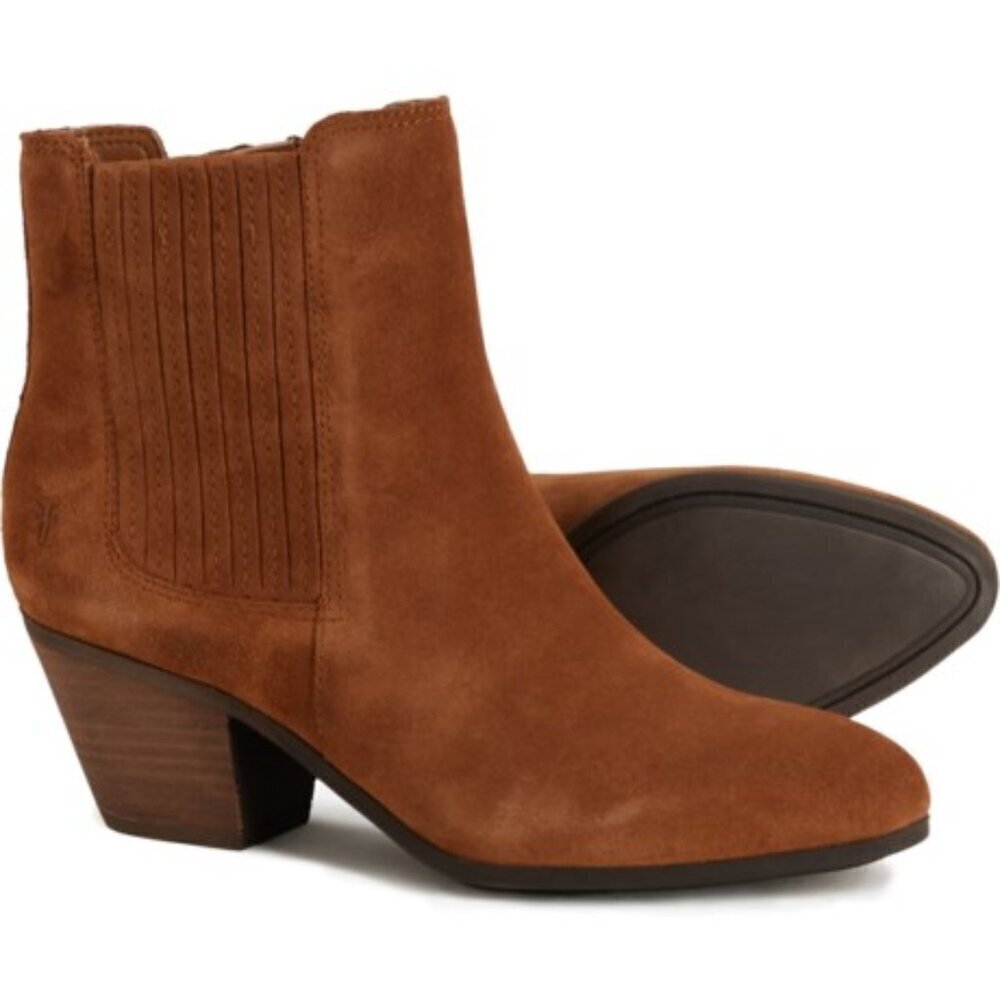 NWT $260 FRYE Sandra Cognac Brown Suede Heeled Western Chelsea Booties Sz 8.5